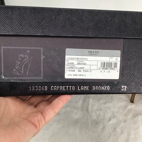 Prada Capretto Jeweled Open Toe Heel Lame Bronze Luxury Designer Size 37EU - Picture 11 of 11